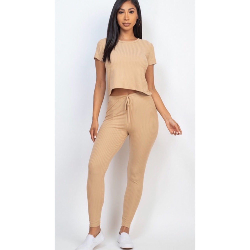 NWT Khaki Ribbed Two Piece Pant Set